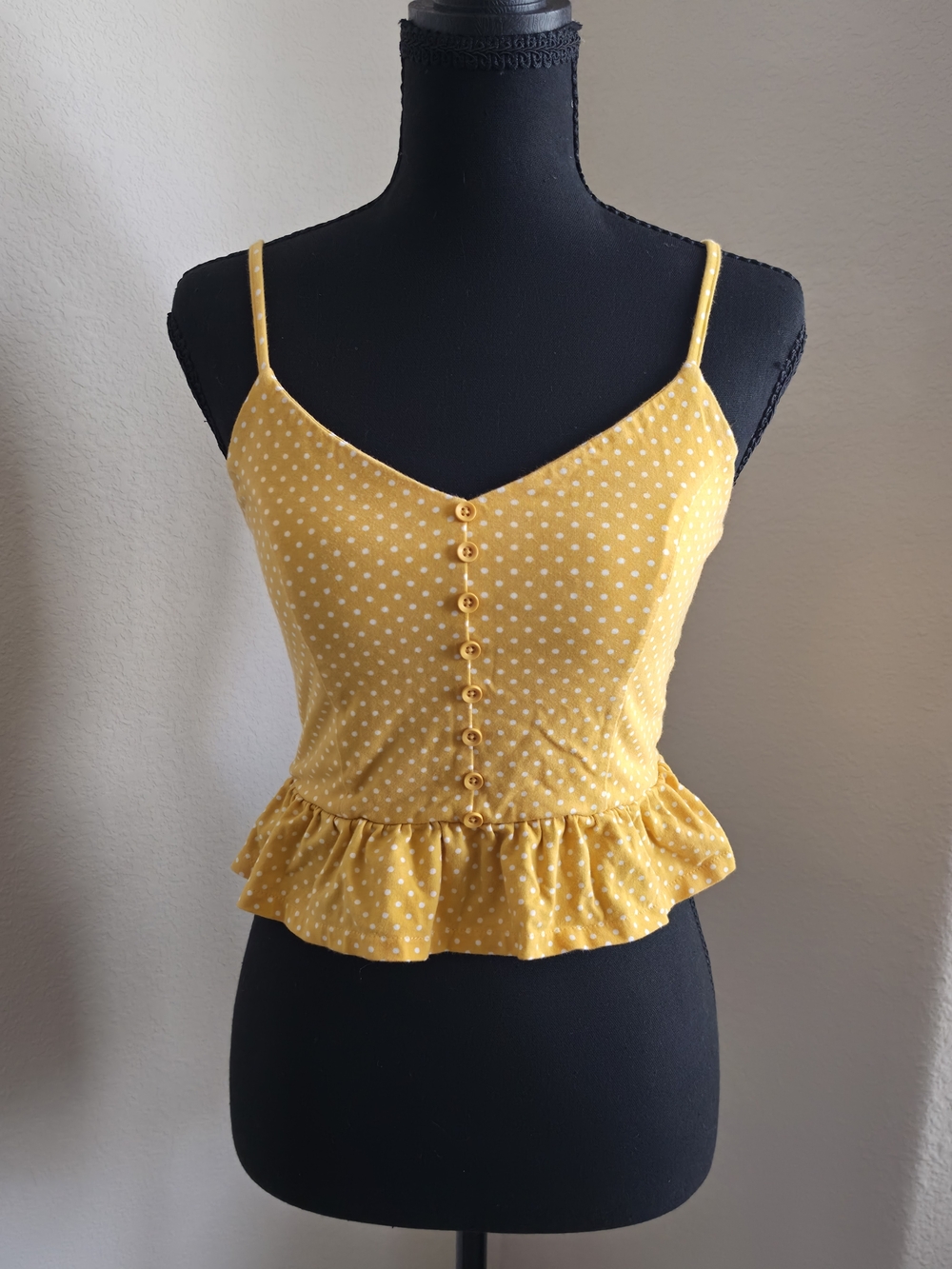 Forever 21 Yellow Polka Dot Ruffle Hem Peplum Tank Top